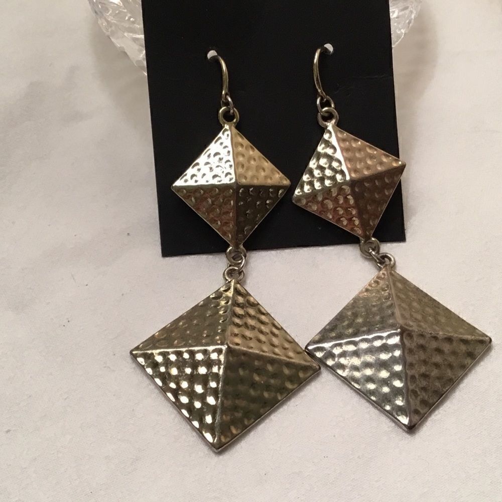 Silvertone Hammered Diamond Shaped Dangle Earrings
